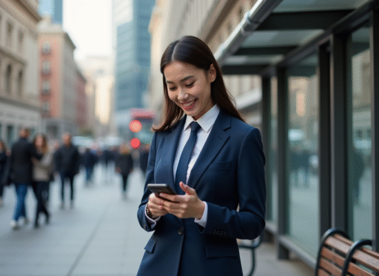 Jeune femme en costume bleu dans la ville avec téléphone