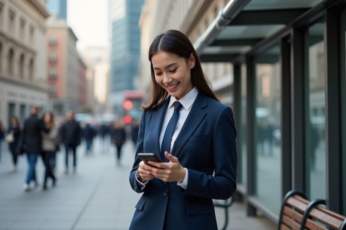 Jeune femme en costume bleu dans la ville avec téléphone
