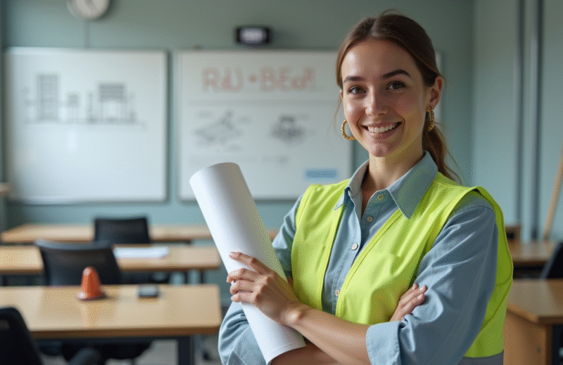 Jeune femme en formation avec plan et gilet de sécurité