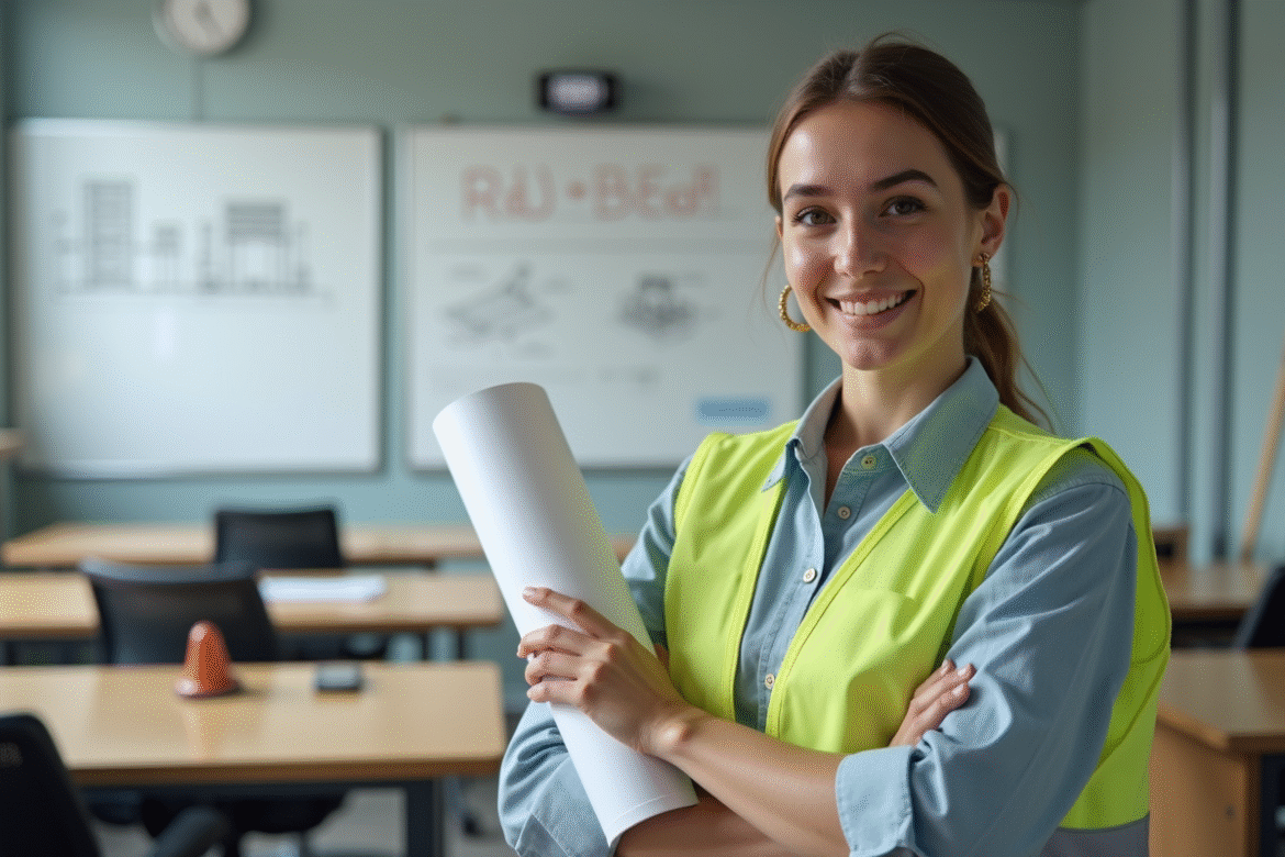 Jeune femme en formation avec plan et gilet de sécurité