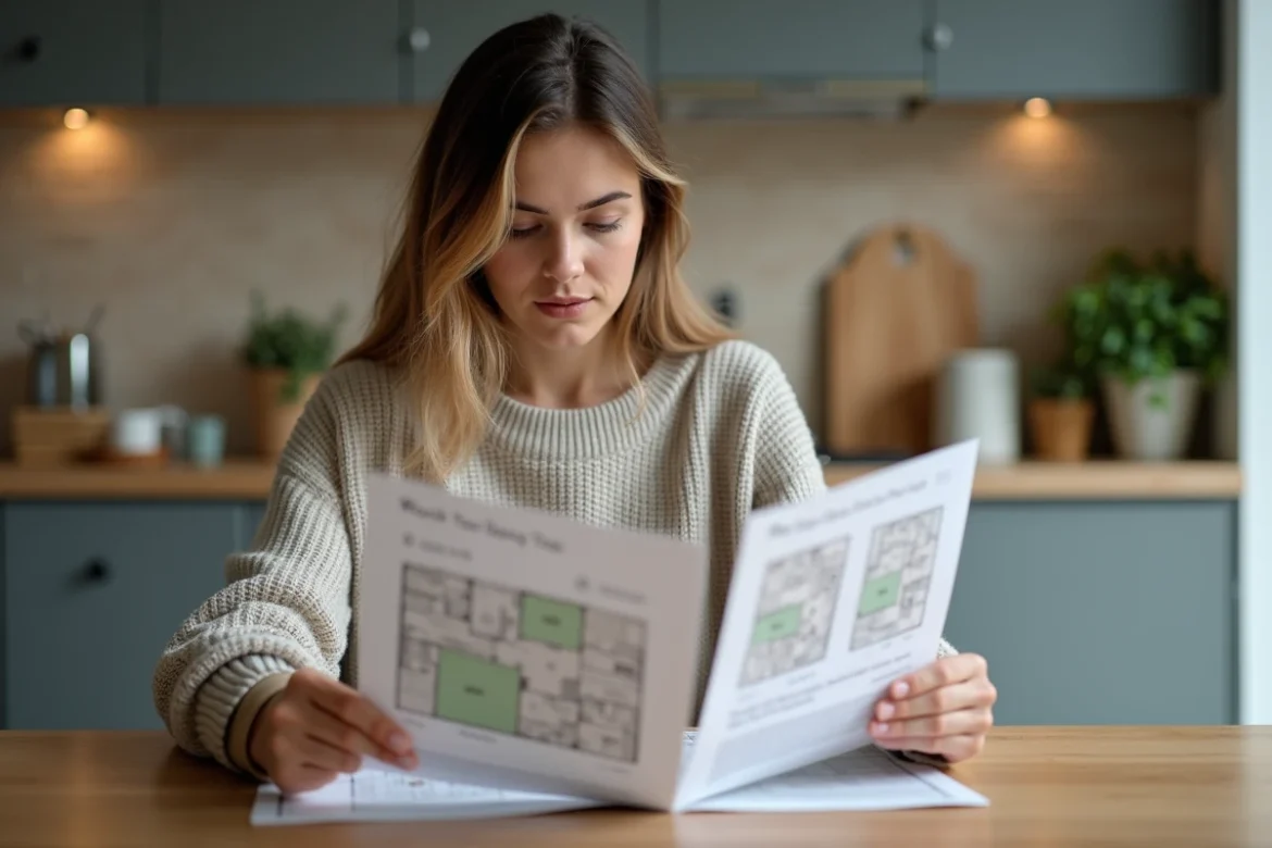 Jeune femme compare des brochures immobilières à la maison