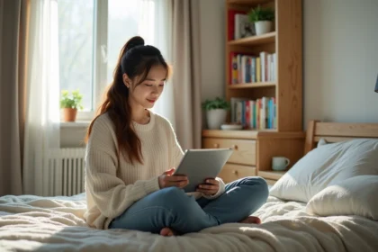 Jeune femme lisant un manga sur une tablette dans sa chambre