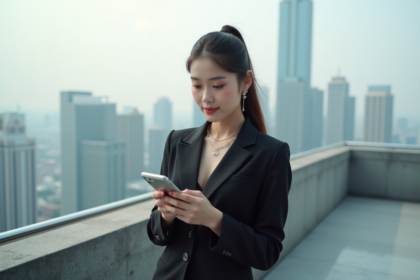 Jeune femme élégante en costume sur un rooftop urbain