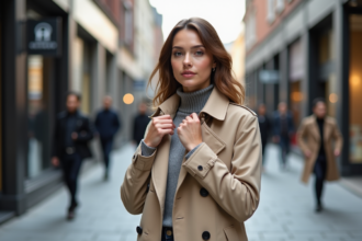 Jeune femme élégante en trench beige dans une ville