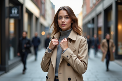 Jeune femme élégante en trench beige dans une ville