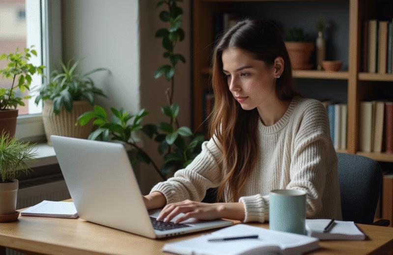 Jeune femme en smartcasual explore un site d'orientation carrière