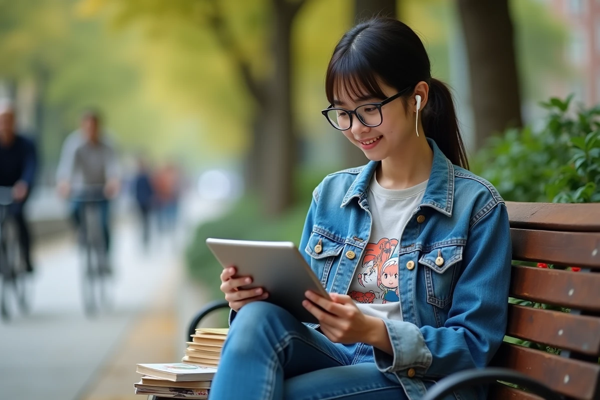 Jeune femme lisant manga sur une tablette dans un parc
