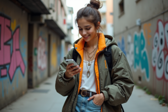 Jeune femme en streetwear urbain sur le trottoir