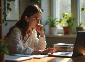Jeune femme concentrée travaillant sur son ordinateur portable