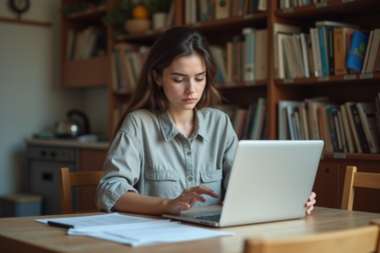 Jeune femme lisant une lettre d'étudiant dans un appartement