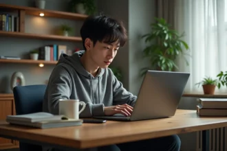 Jeune homme lisant manga sur son ordinateur dans un appartement