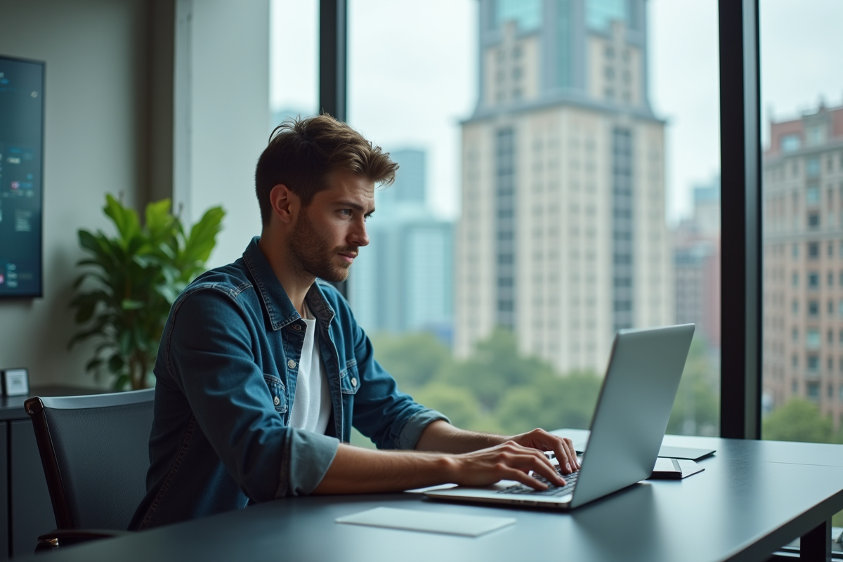 Jeune homme au bureau travaille sur son ordinateur avec vue sur la ville