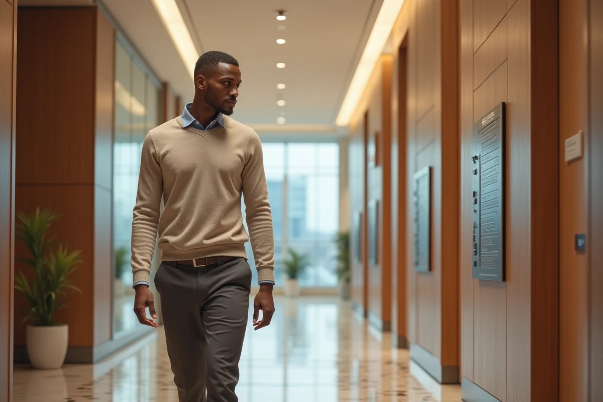 Jeune homme dans un couloir de clinique moderne