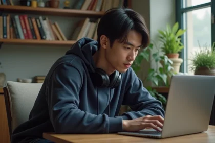 Jeune homme en hoodie regardant un site manga sur son laptop