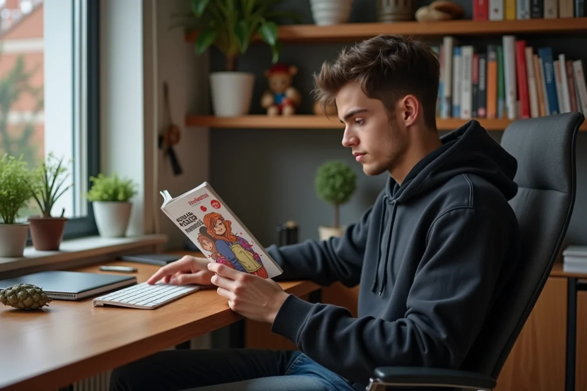 Jeune homme lisant un manga Solo Leveling dans un bureau à la maison