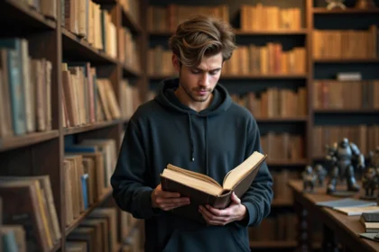 Jeune homme feuilletant un livre Warhammer dans une librairie d'occasion