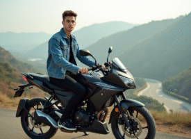 Jeune homme en denim sur moto 125cc en paysage