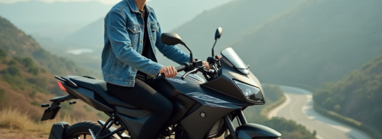 Jeune homme en denim sur moto 125cc en paysage