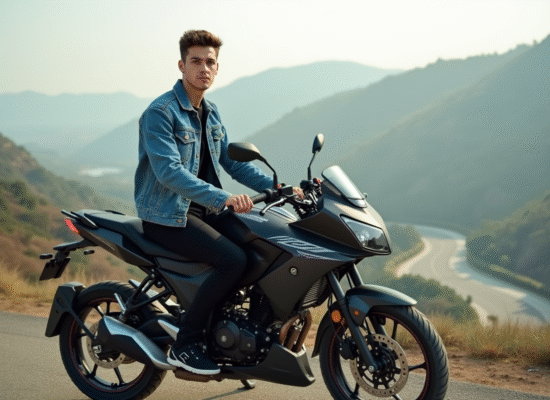 Jeune homme en denim sur moto 125cc en paysage