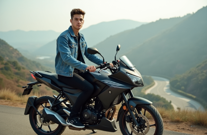 Jeune homme en denim sur moto 125cc en paysage