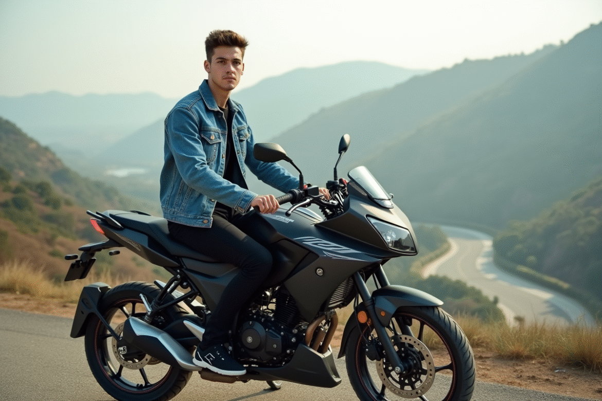 Jeune homme en denim sur moto 125cc en paysage