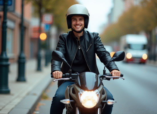 Jeune homme en moto urbaine avec casque noir