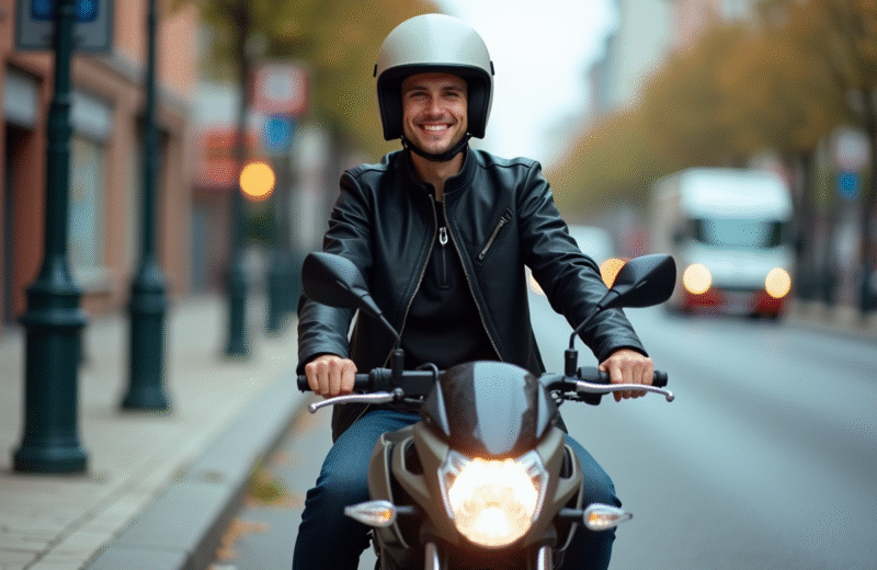 Jeune homme en moto urbaine avec casque noir