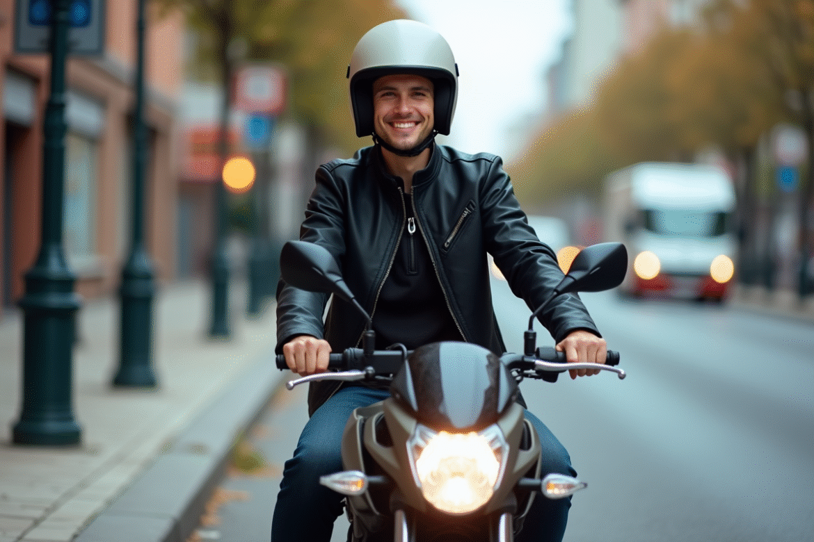 Jeune homme en moto urbaine avec casque noir