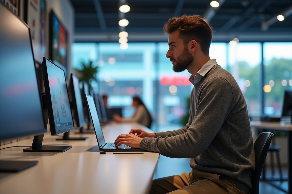 Jeune homme travaillant sur un ordinateur en magasin électronique