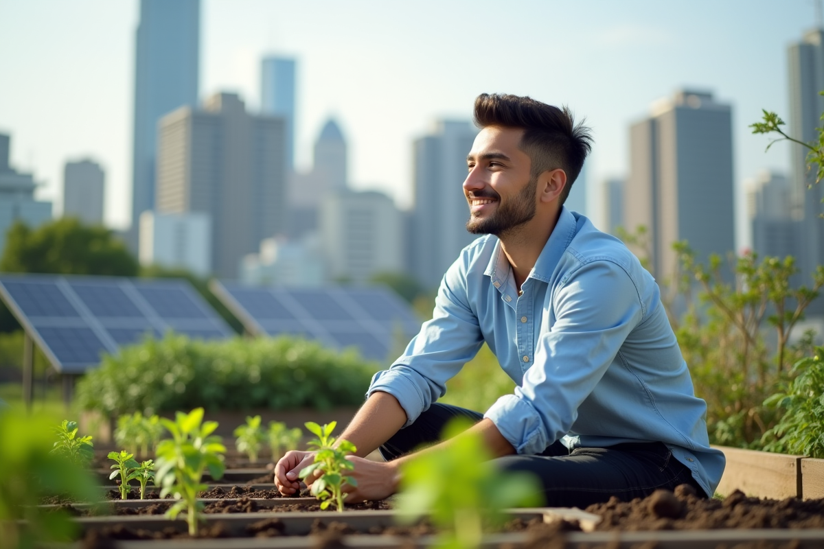 Jeune homme dans jardin urbain avec semis en plein air