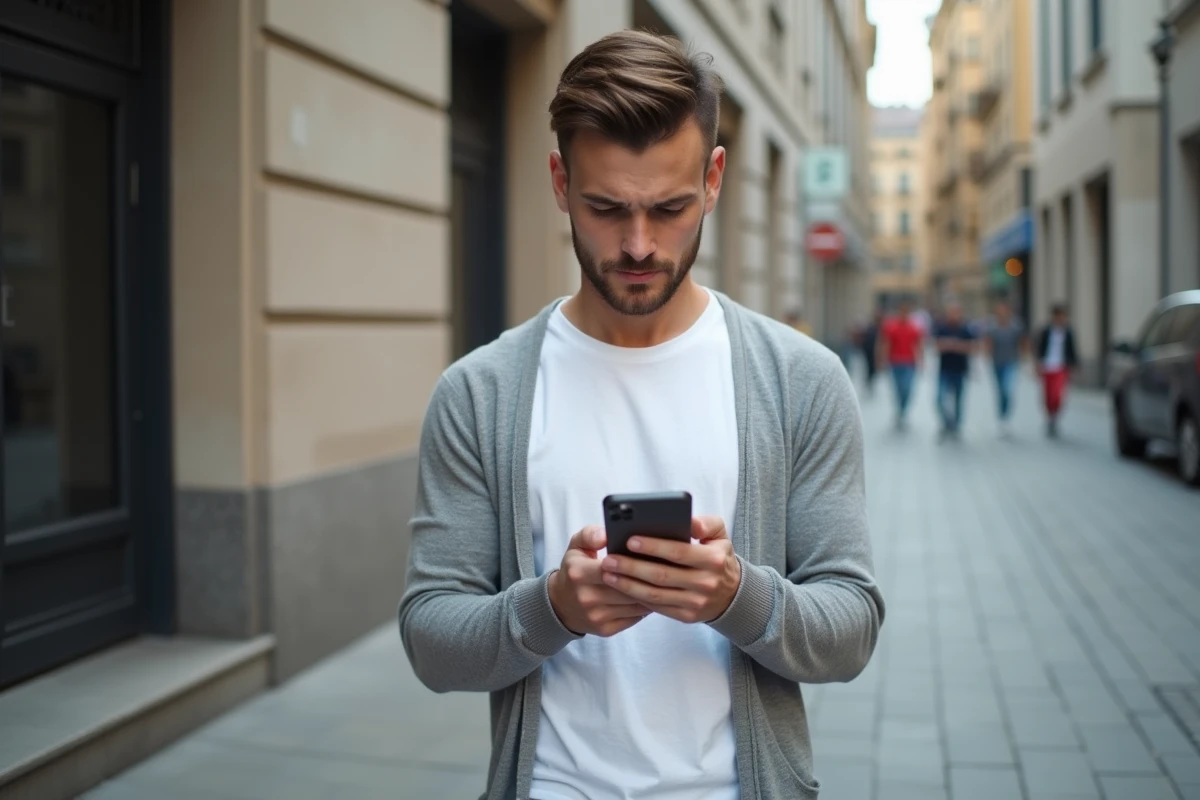 Jeune homme regardant son smartphone en ville