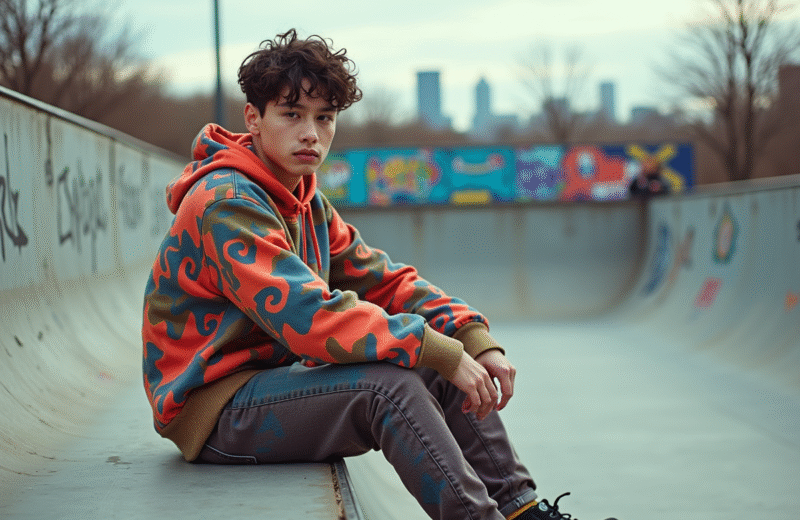 Jeune homme en streetwear coloré dans un skatepark urbain