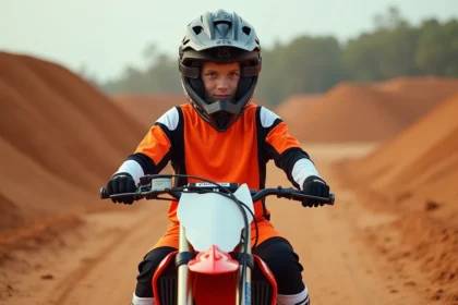 Jeune motard en tenue de motocross complet assis sur une moto tout-terrain rouge sur un circuit de dirt