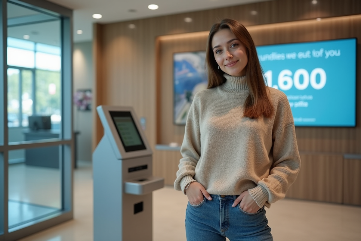 Jeune femme utilisant un kiosque bancaire moderne