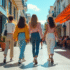 Jeunes femmes marchant dans la ville avec style et baskets