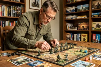 Joueur adulte concentré déplaçant des figurines militaires sur un plateau de war game tactique hexagonal en bois