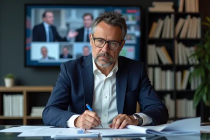 Journaliste français en costume navy en portrait professionnel