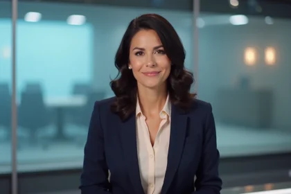 Femme journaliste professionnelle assise derrière un bureau de présentateur TV dans un studio moderne aux tons bleus et gris