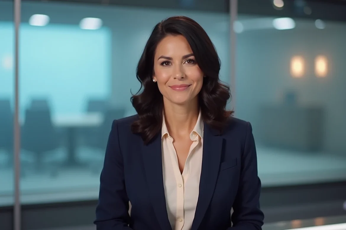 Femme journaliste professionnelle assise derrière un bureau de présentateur TV dans un studio moderne aux tons bleus et gris