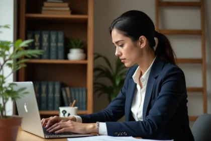 Juriste consultant un blog de droit public en ligne depuis son bureau avec des documents administratifs
