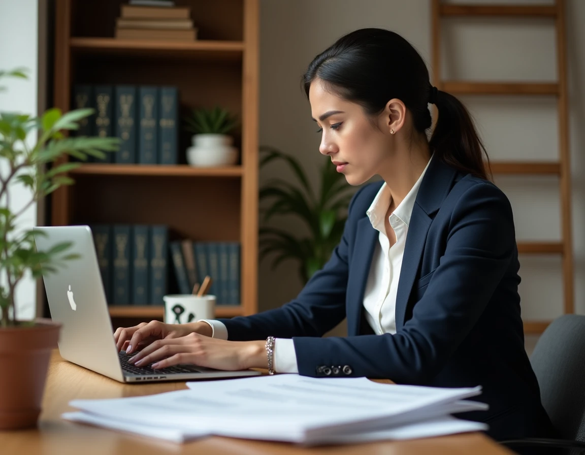 Juriste consultant un blog de droit public en ligne depuis son bureau avec des documents administratifs