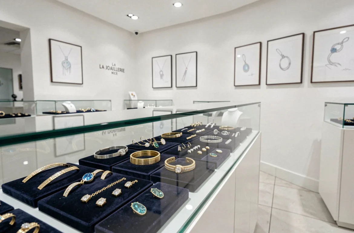 Vitrine de La Joaillerie Nice avec des bijoux en or et platine disposés sur du velours marine