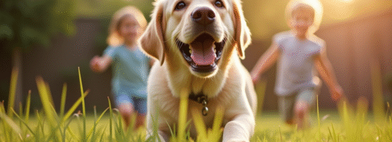 Labrador joyeux jouant avec des enfants dans le jardin