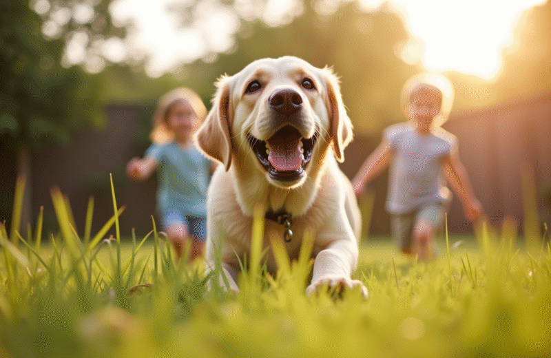 Labrador joyeux jouant avec des enfants dans le jardin