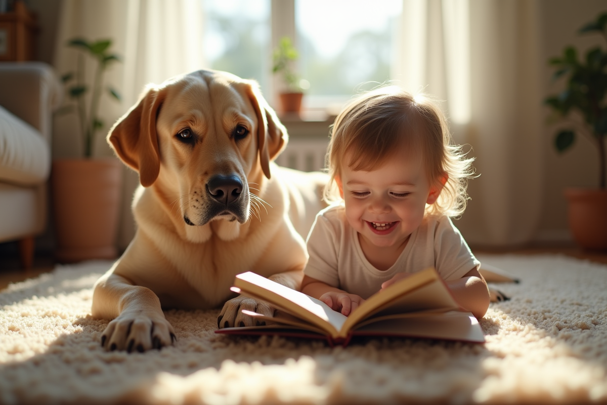 Labrador couché avec un enfant lisant un livre dans le salon
