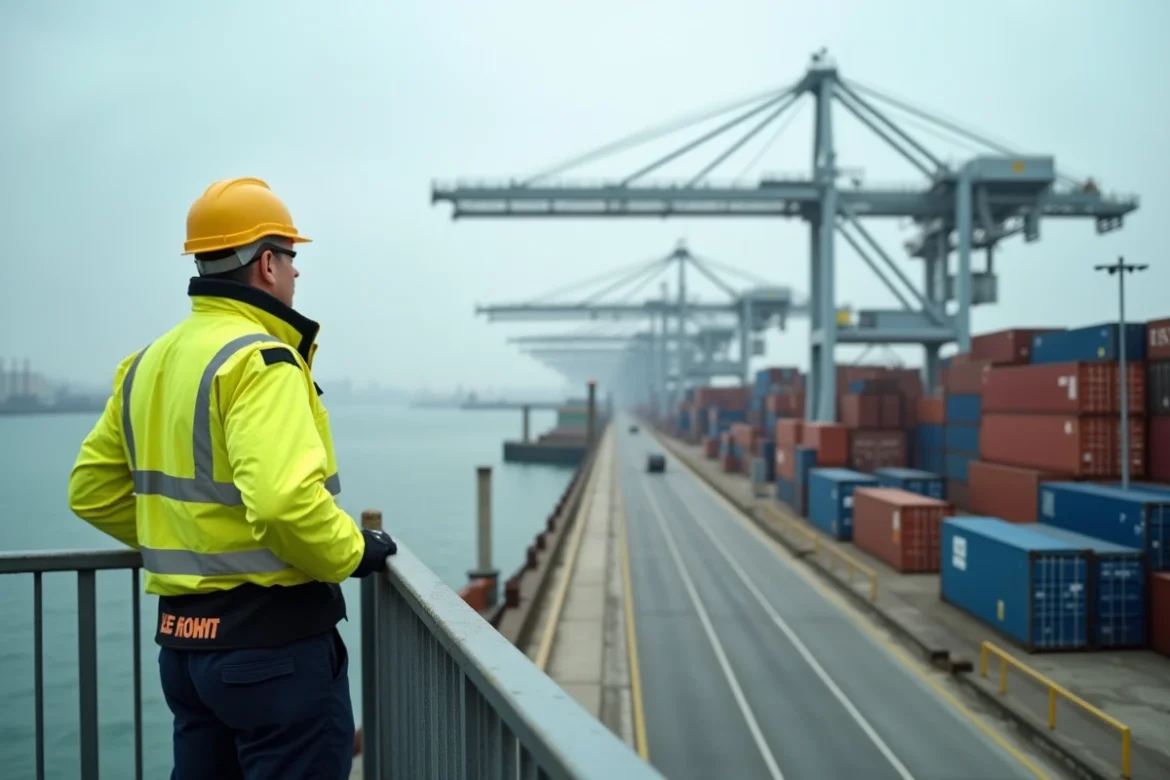 Un agent de sécurité portuaire en gilet jaune et casque surveille les quais du port industriel du Havre avec des grues et des conteneurs en arrière-plan