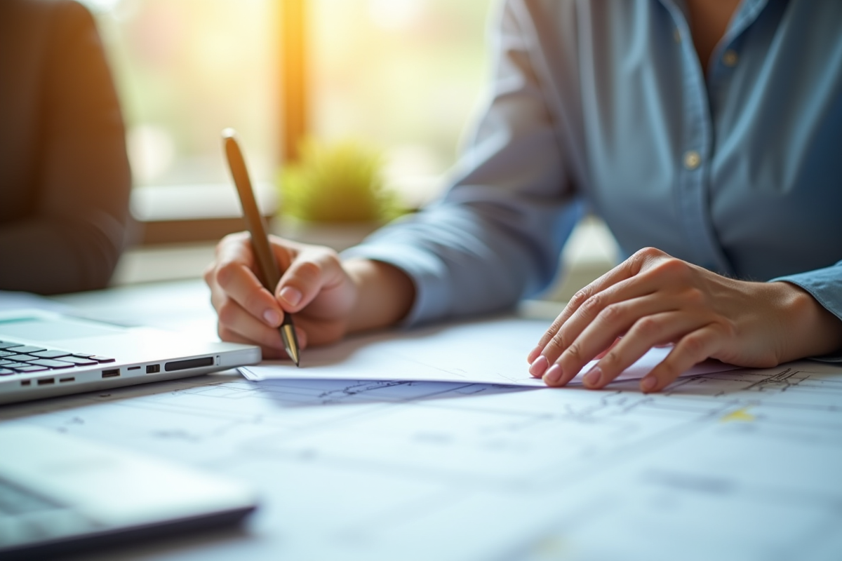 Professionnel étudiant des documents juridiques et plans architecturaux
