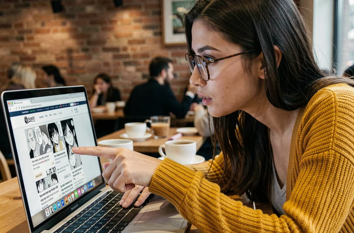 Jeune femme lisant des chapitres de manga en ligne en français sur un ordinateur portable dans un café moderne