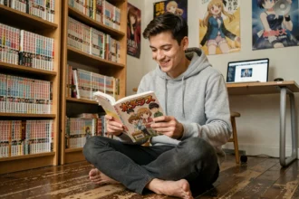 Jeune homme lisant un manga en français dans une chambre décorée de nombreux volumes de mangas et d'affiches d'anime