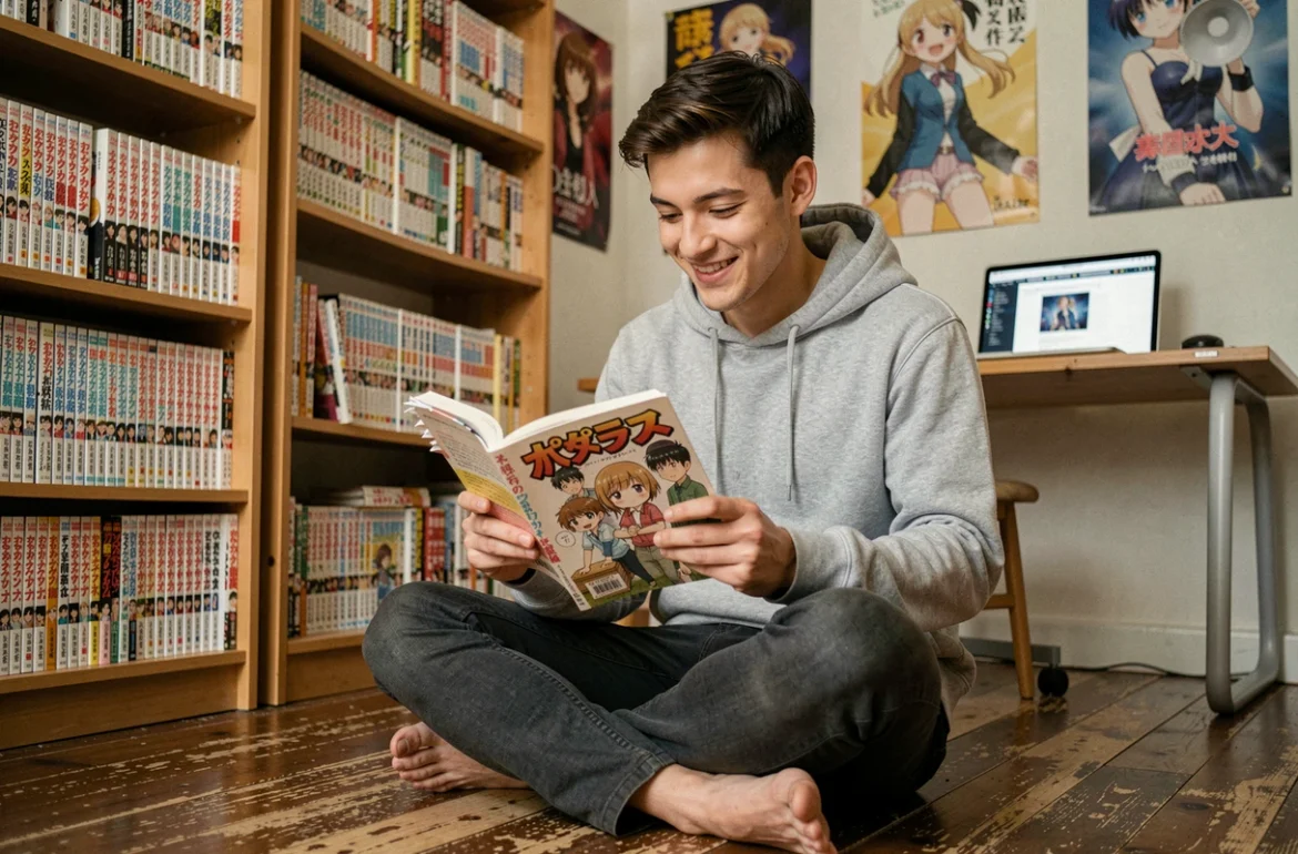 Jeune homme lisant un manga en français dans une chambre décorée de nombreux volumes de mangas et d'affiches d'anime